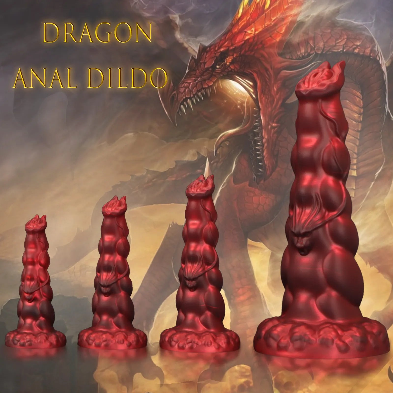 Textured fantasy dragon dildo in red silicone with a large, flared base
