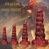 Textured fantasy dragon dildo in red silicone with a large, flared base