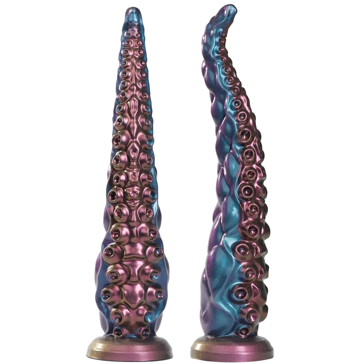 12 inch ridged silicone tentacle dildo shown in front and side views with purple and teal detailing