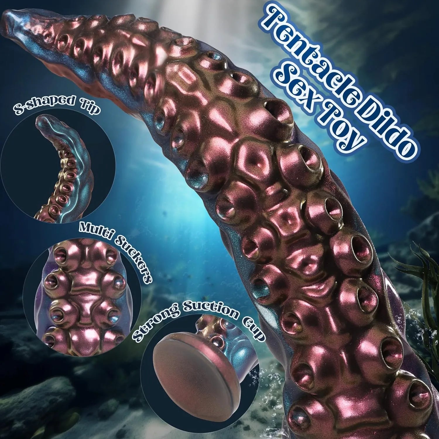 Fantasy silicone tentacle dildo in purple and teal with detailed ridged texture