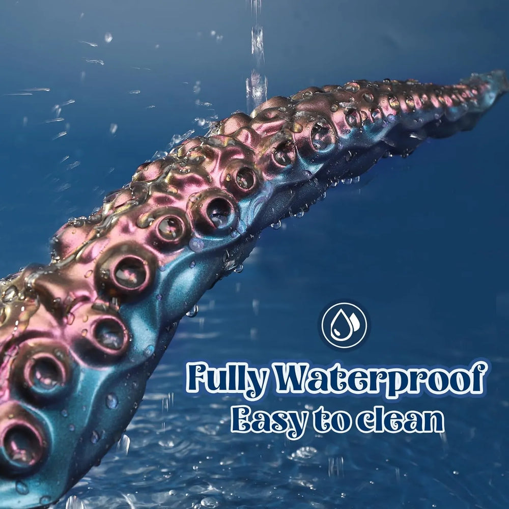 Purple and teal silicone tentacle dildo with raised ridges and suction cup texture