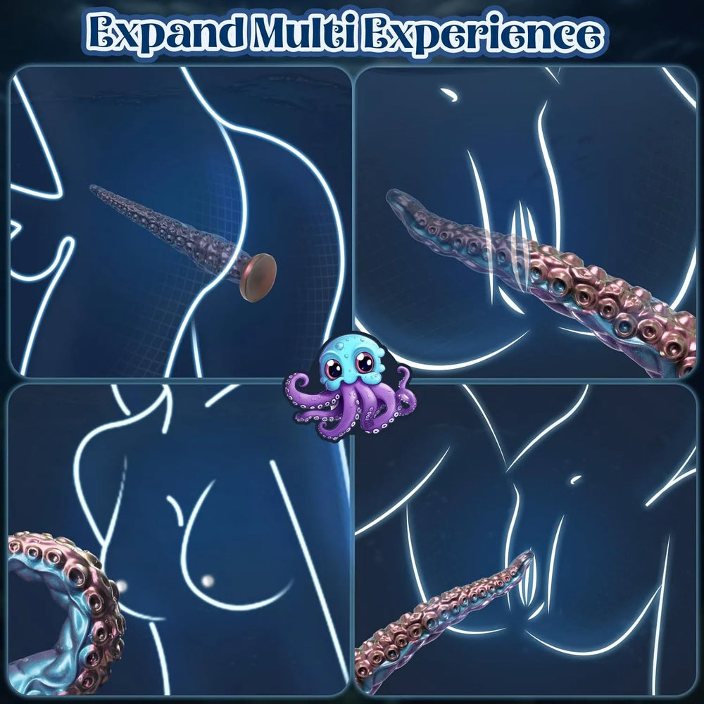 Metallic purple and teal tentacle dildo with textured ridges and a flared base