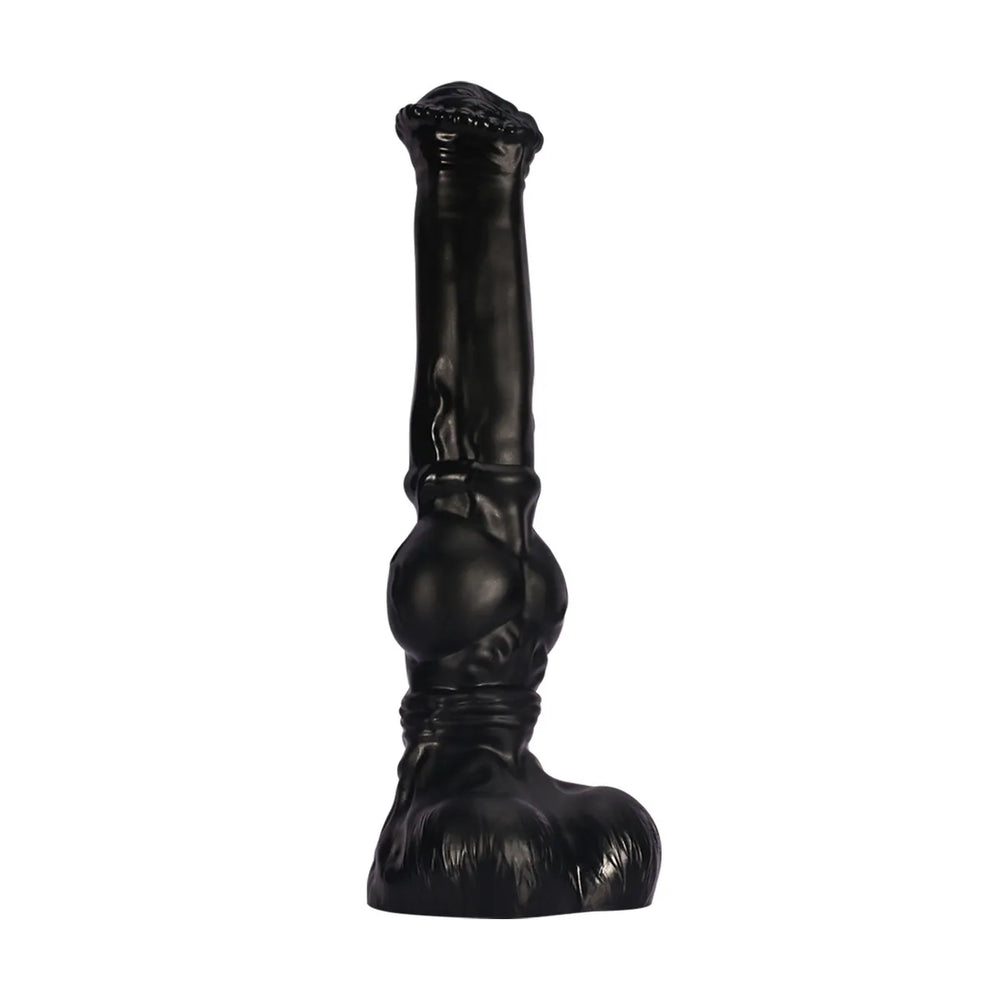 A large 14-inch black PVC horse-inspired dildo featuring a distinct knot design and realistic anatomical detailing
