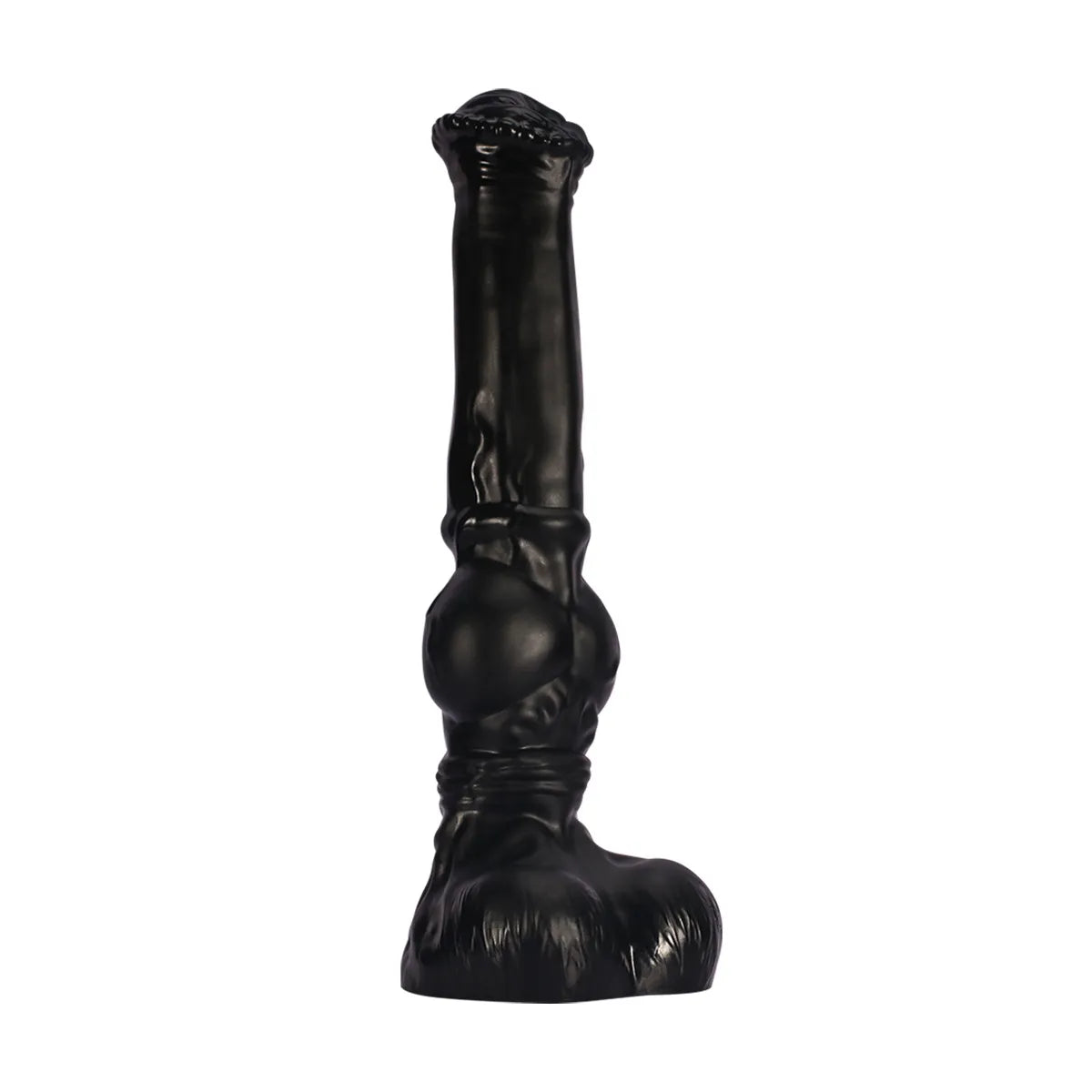 A large 14-inch black PVC horse-inspired dildo featuring a distinct knot design and realistic anatomical detailing