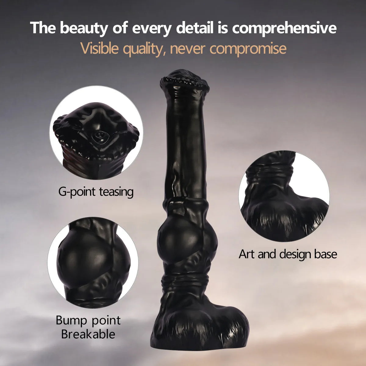 Full-length view of a 14-inch black PVC pleasure toy, highlighting its equine silhouette, textured base, and durable material