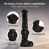 Full-length view of a 14-inch black PVC pleasure toy, highlighting its equine silhouette, textured base, and durable material