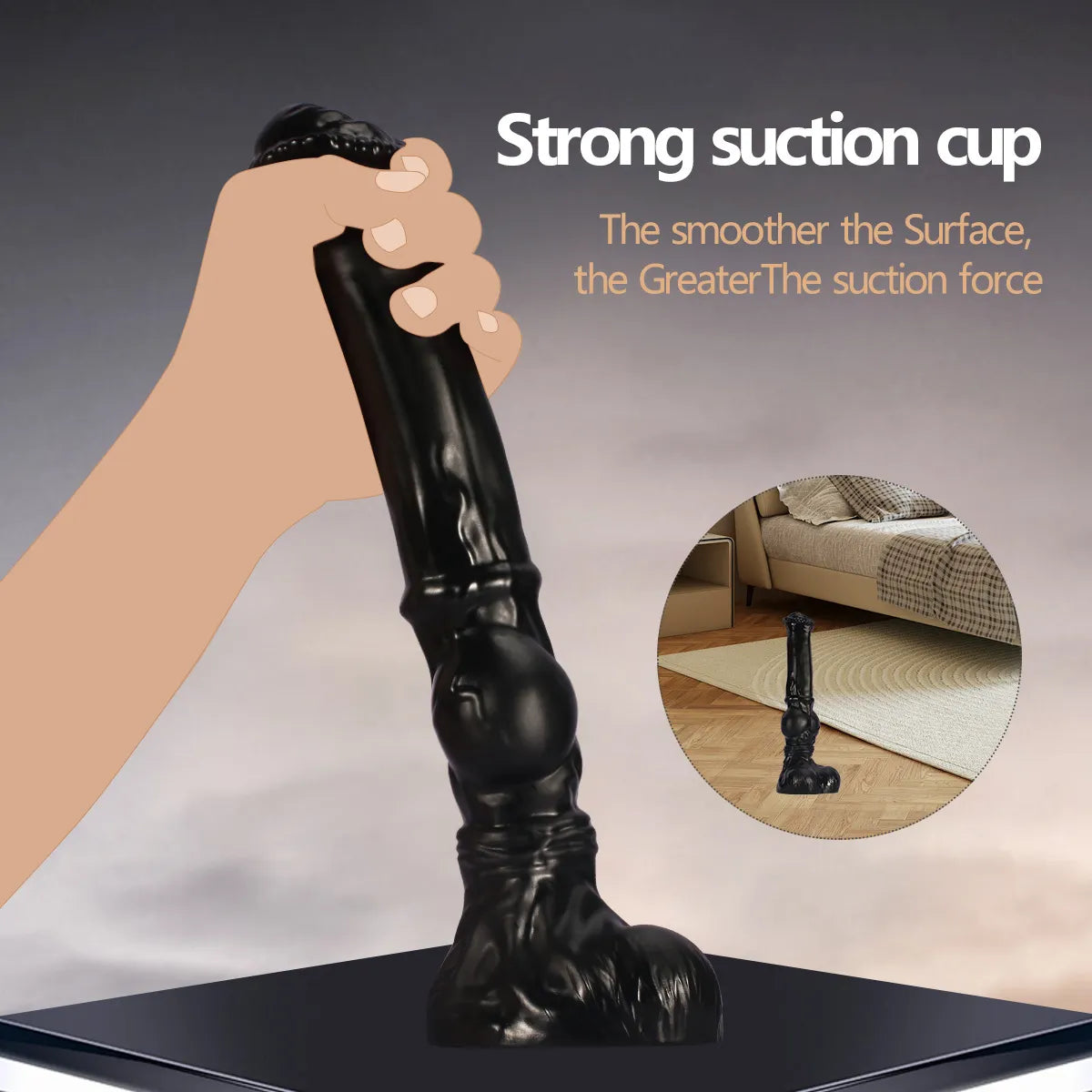 This 14-inch black PVC dildo showcases a structured knot and a smooth finish, designed for a substantial and realistic experience