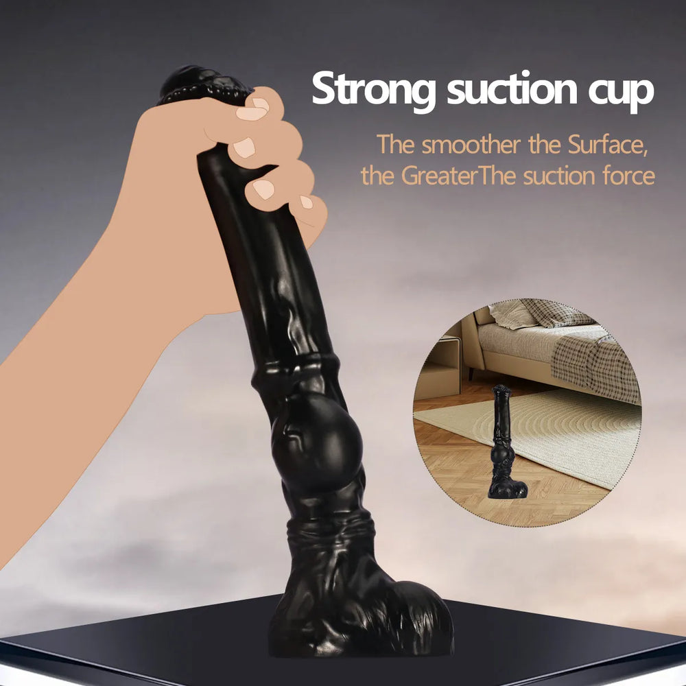 This 14-inch black PVC dildo showcases a structured knot and a smooth finish, designed for a substantial and realistic experience