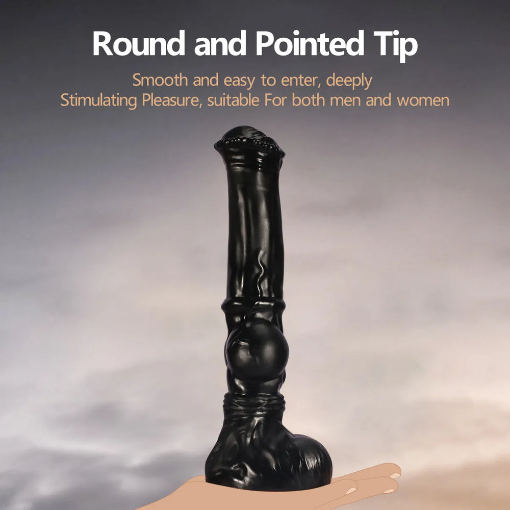 Side-profile shot of a 14-inch black horse-style dildo, emphasizing its elongated shape and ergonomic, wide base