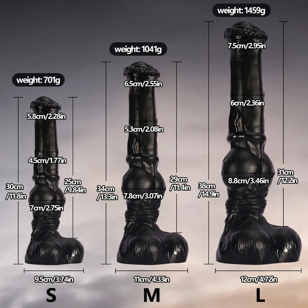 A detailed look at a 14-inch black PVC pleasure accessory, focusing on its consistent color, robust construction, and anatomical features
