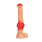 A large 14-inch realistic equine-style dildo, featuring a natural gradient color transition and a prominent knot design