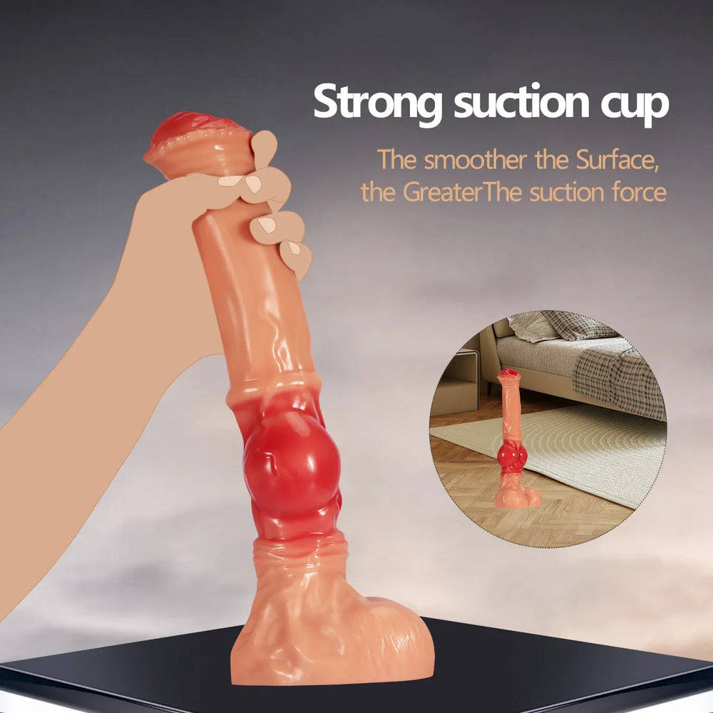 This 14-inch PVC dildo combines a realistic flesh-and-red gradient finish with a substantial, knot-style silhouette