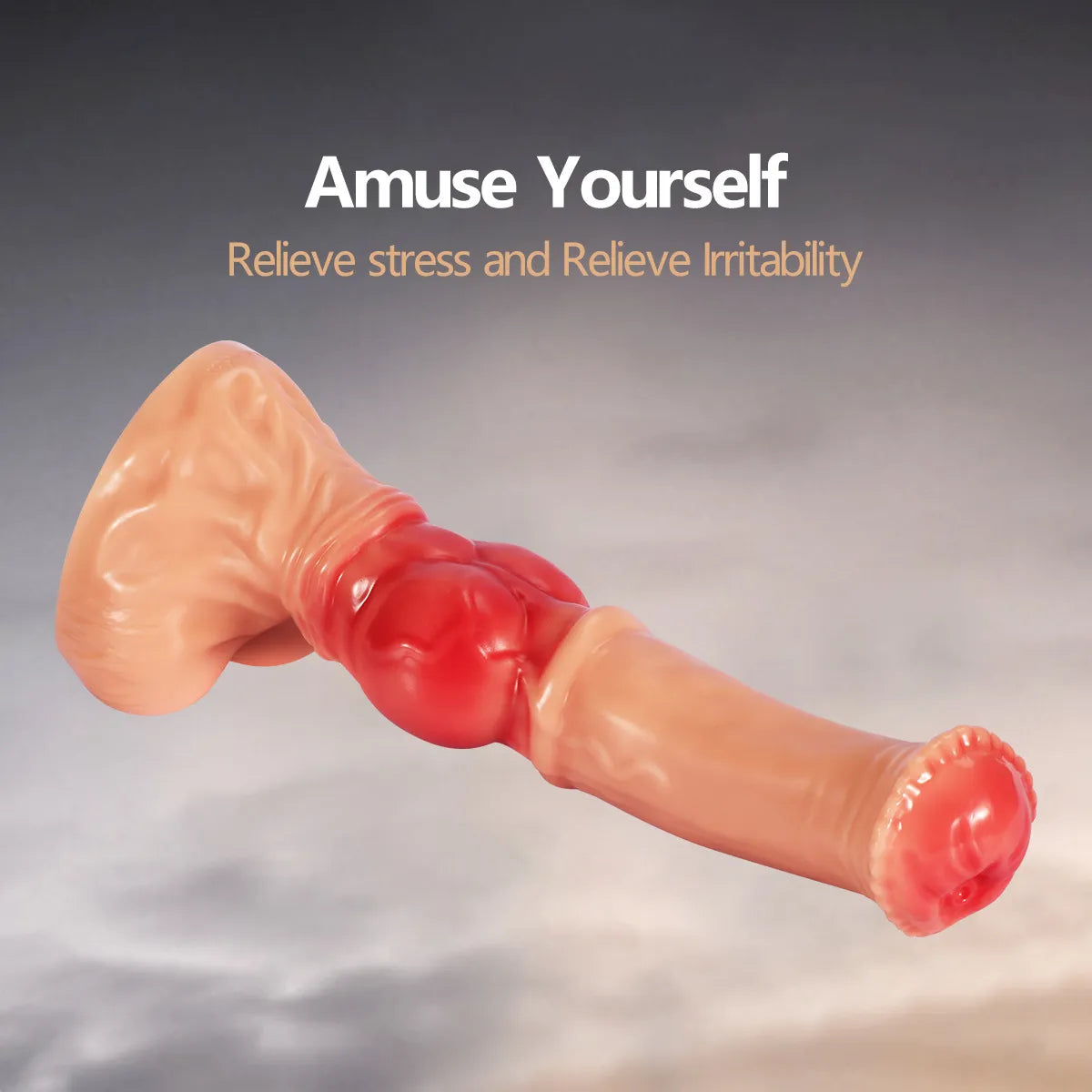 Side-profile shot of a 14-inch gradient horse-style dildo, highlighting its elongated structure, firm knot, and ergonomic base