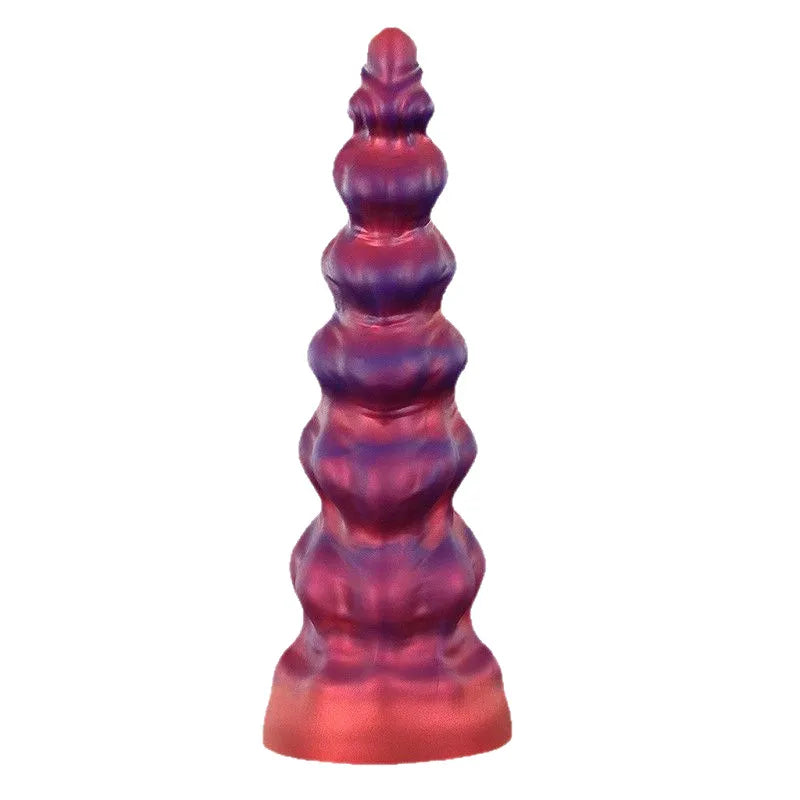 A 14-inch spiral texture silicone monster dildo with a metallic pink and purple marbled finish