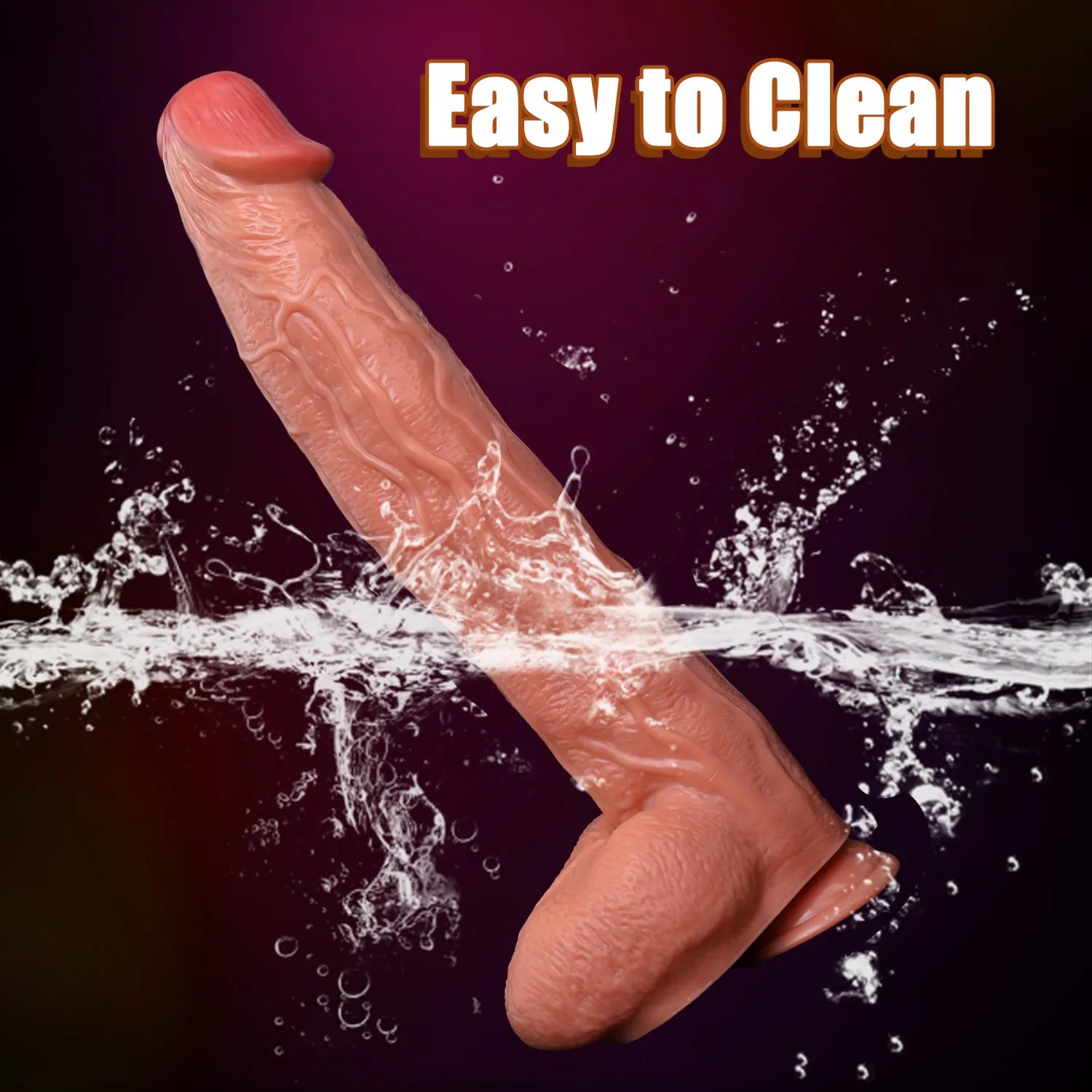 Highly textured 3D testicles and secure suction cup base of the extra long realistic silicone toy