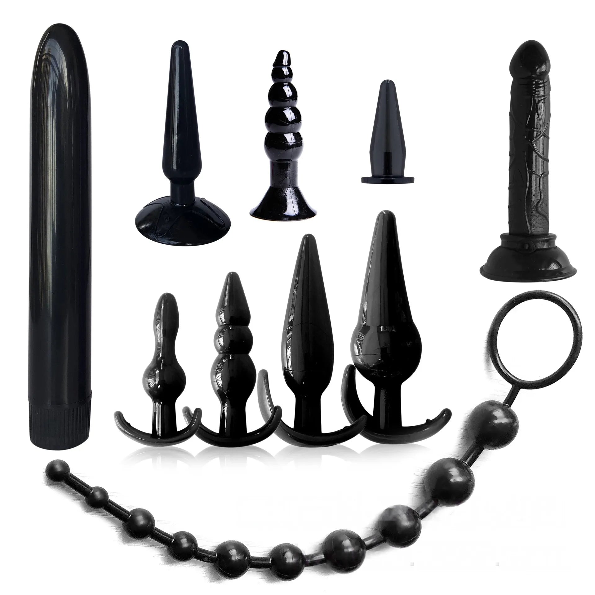 10 pack silicone anal training kit with black butt plugs and bead accessories