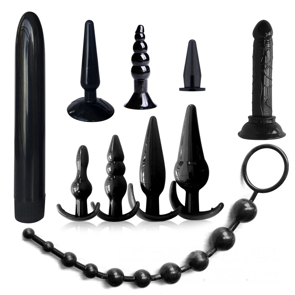 10 pack silicone anal training kit with black butt plugs and bead accessories