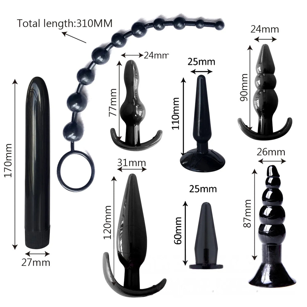 Black silicone butt plug and bead training set with multiple sizes