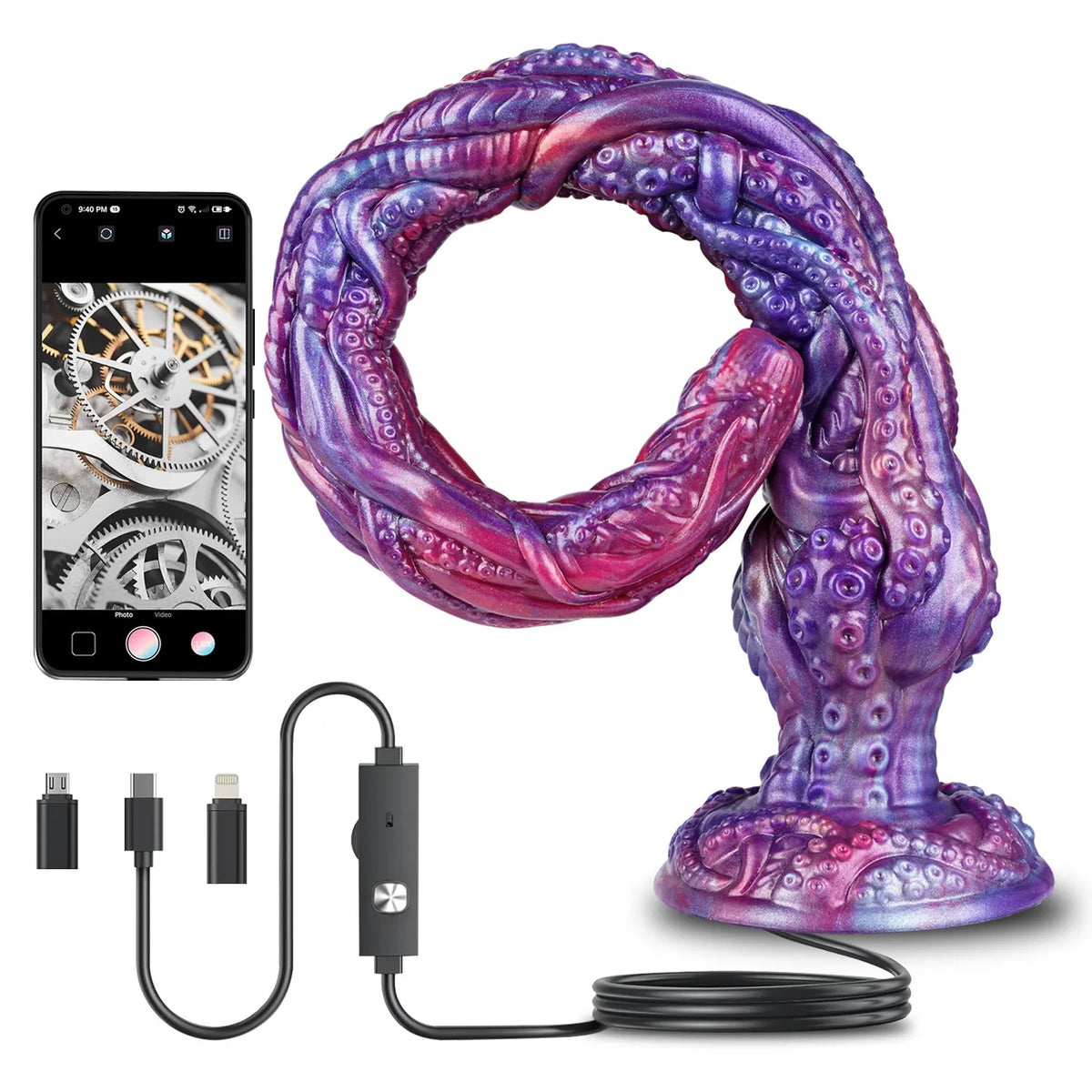 19 inch extra long silicone tentacle dildo with purple texture and endoscope accessories