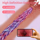 Extra long purple silicone tentacle dildo shown with endoscope camera and cable