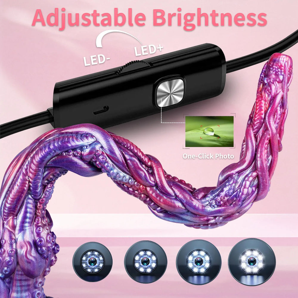19 inch silicone tentacle dildo with curved purple design and included endoscope kit