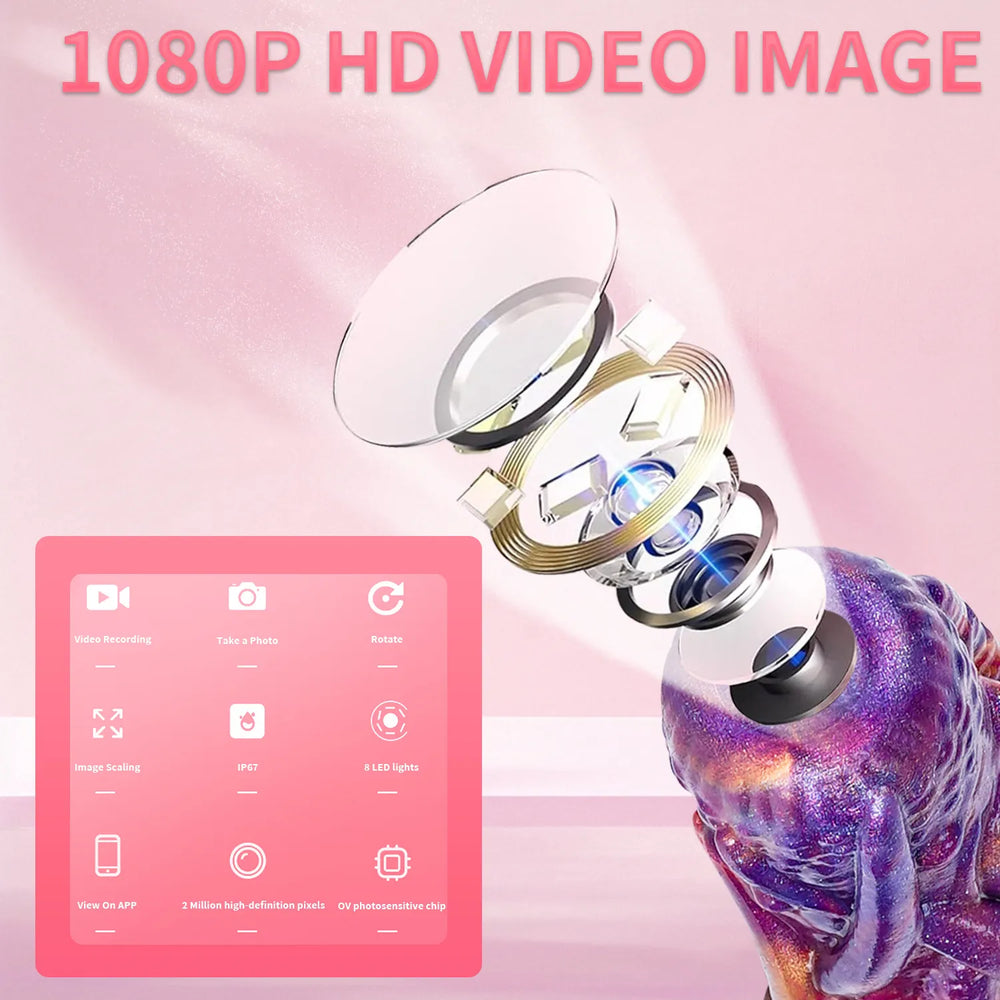 Purple textured tentacle dildo with endoscope accessories displayed beside it