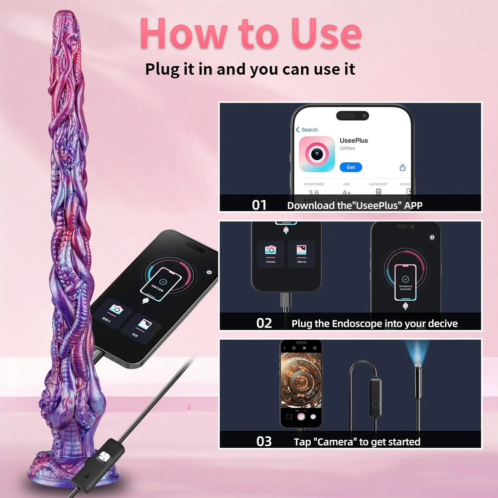 Extra long tentacle dildo with detailed suction cup texture and camera attachment set