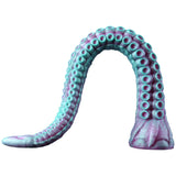 22 inch silicone octopus tentacle dildo in teal and purple with raised suction cup details