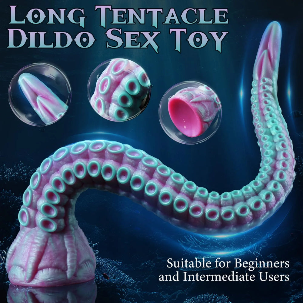 Long silicone octopus tentacle dildo with teal suction cups and purple shading