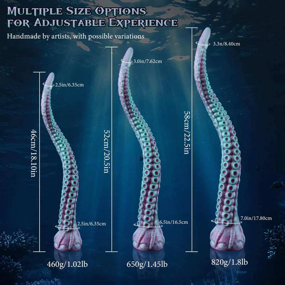 Long flexible tentacle dildo in teal and purple silicone with octopus-style details