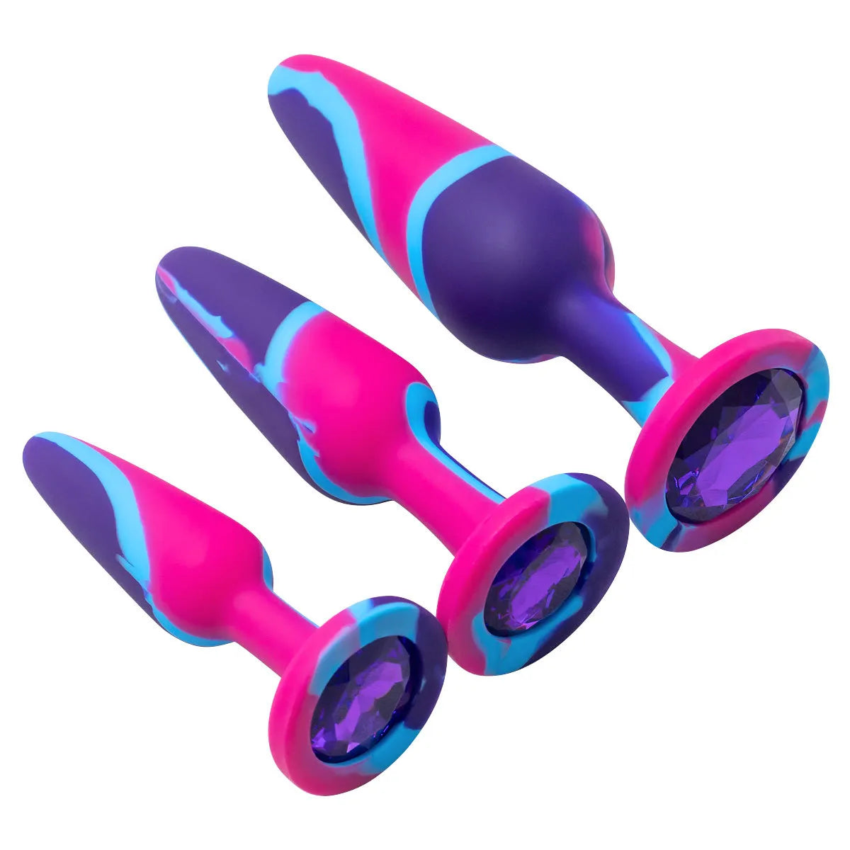 3-piece colorful marbled silicone butt plug set featuring graduated sizes and purple jewel bases