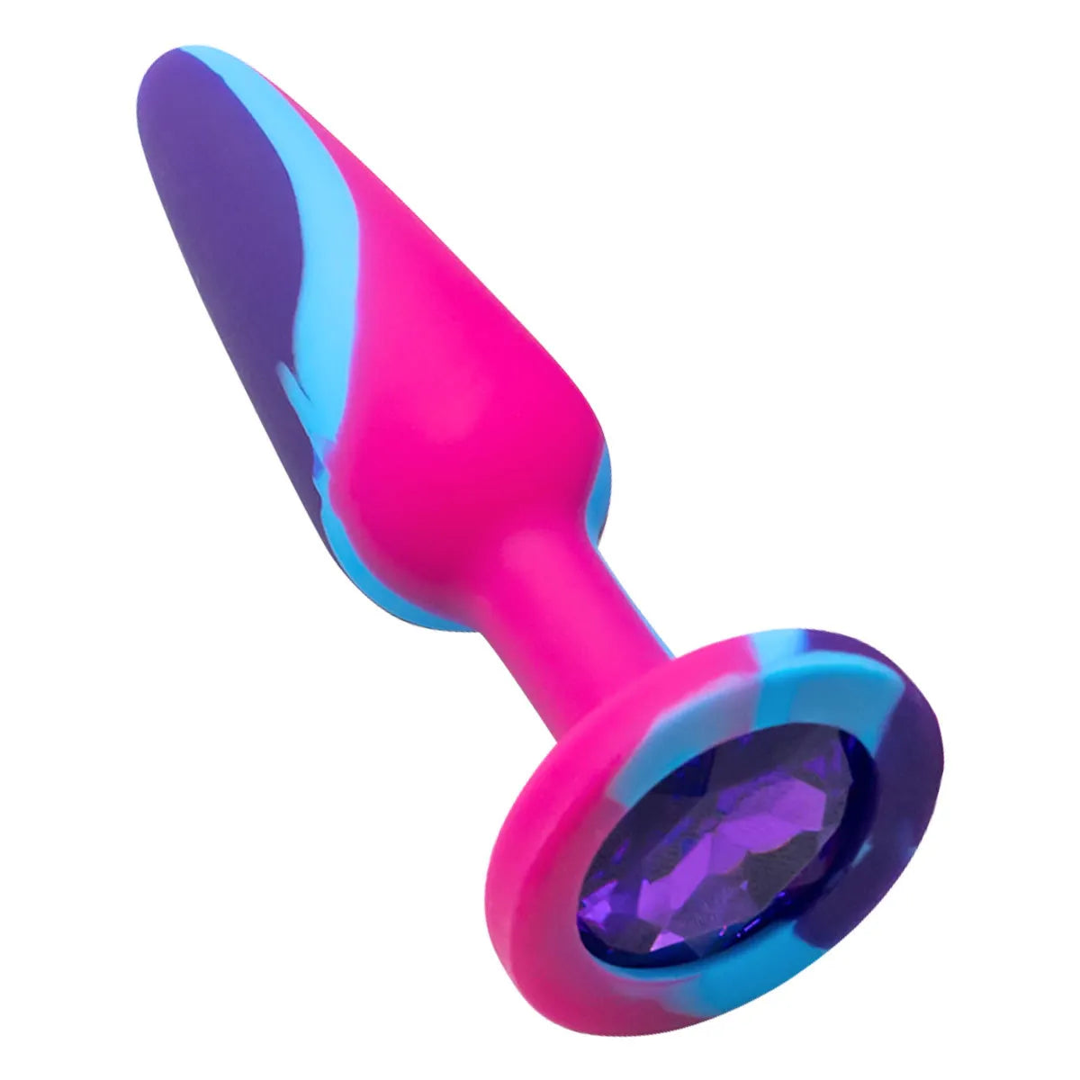 Close-up of the sparkling purple crystal gem base on a vibrant swirled silicone anal toy