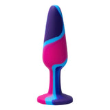 Vibrant pink, purple, and blue marbled color pattern on a smooth and flexible silicone butt plug