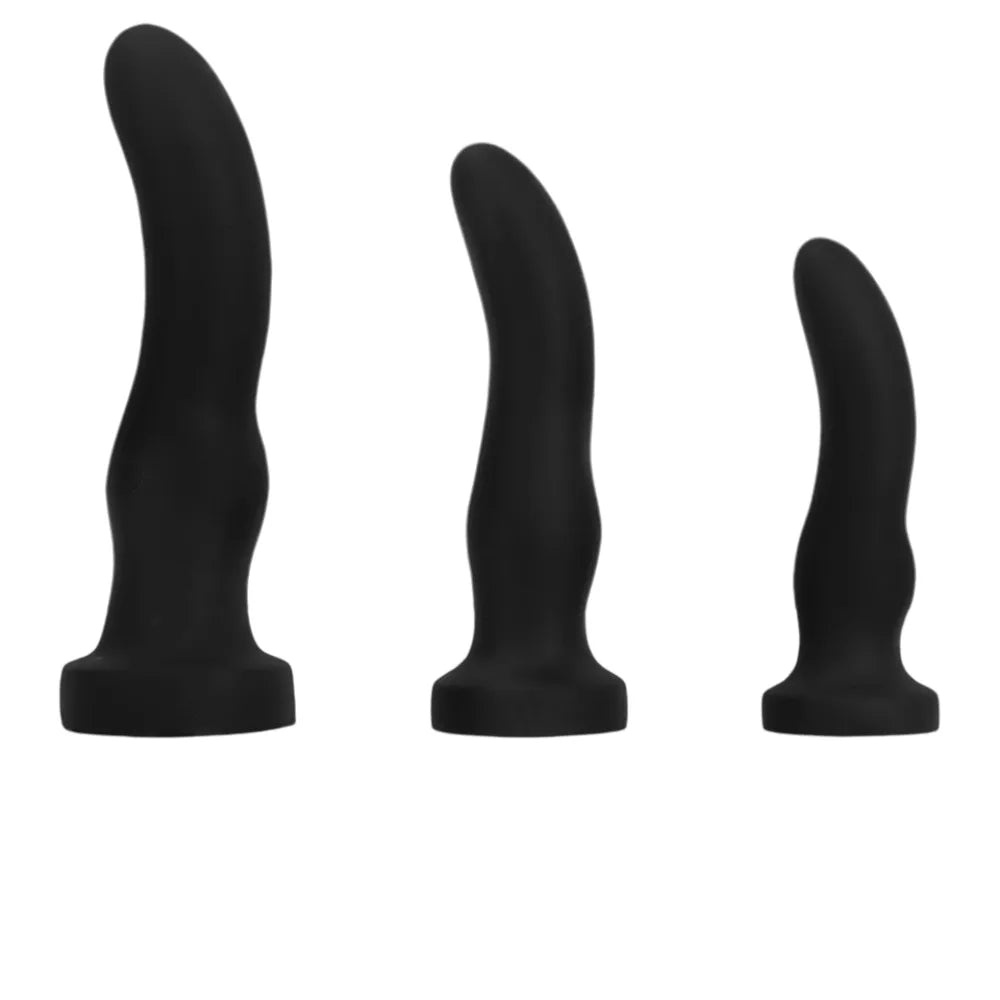 3-piece curved black silicone butt plug set featuring graduated sizes and secure flat bases