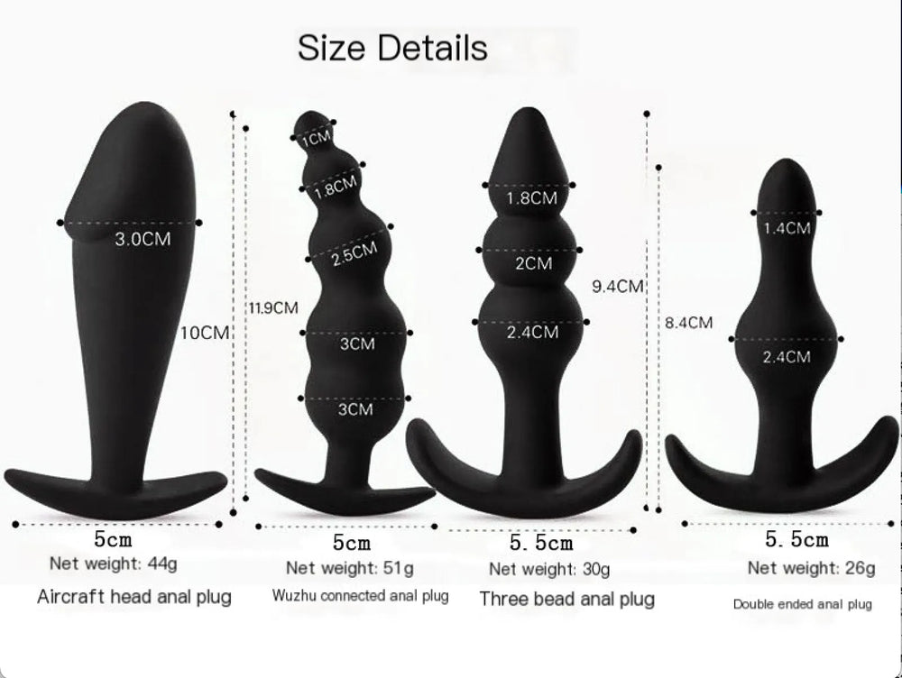 Smooth matte black finish on flexible silicone anal training toys offering a comfortable glide