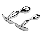 5 inch jeweled stainless steel butt plugs shown as a pair with T-shaped bases