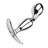 Pair of silver stainless steel butt plugs with smooth tapered shape and jeweled bases