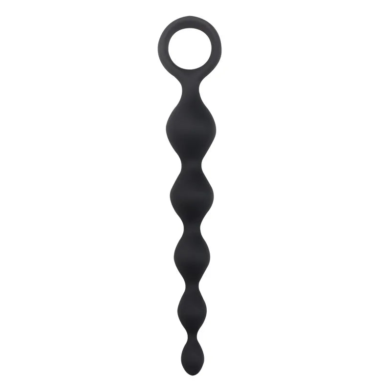 7-inch black silicone beaded butt plug featuring a progressive design and safety pull ring