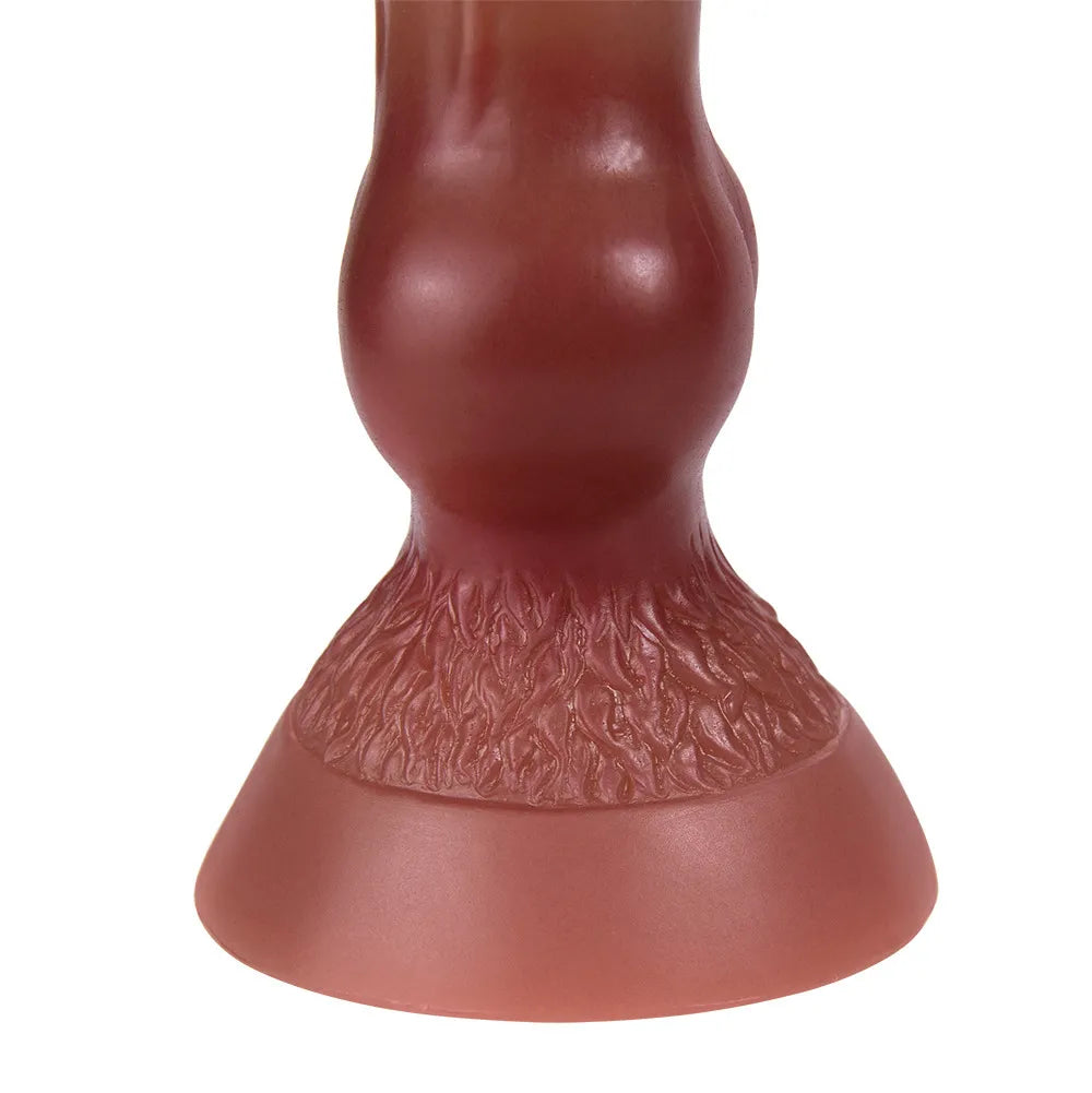 Close-up of a 7-inch textured silicone pleasure toy with an anatomical design and a base featuring fur-like detailing