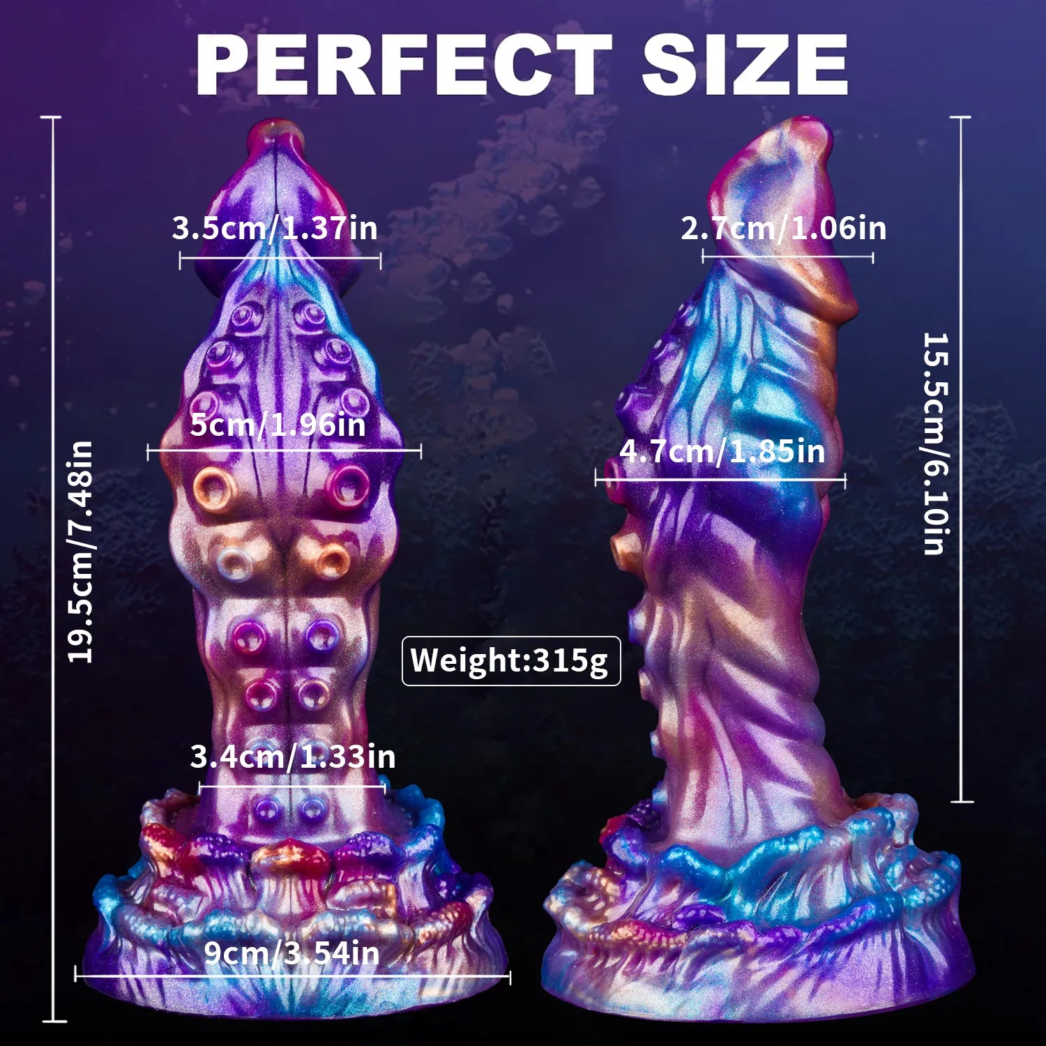 Shimmering metallic purple and blue finish on a flexible silicone tentacle toy