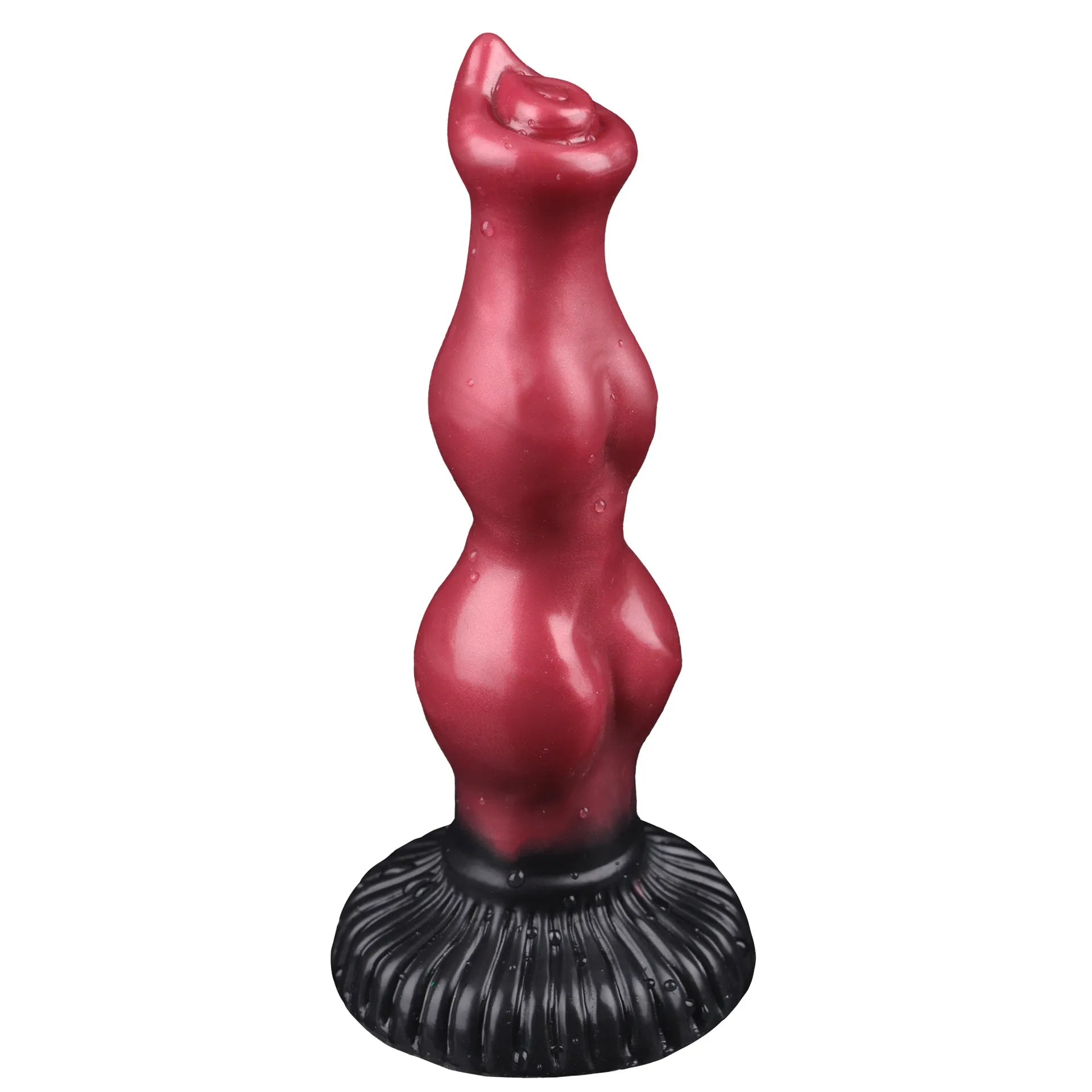 A 7-inch dual-tone silicone dog-inspired dildo featuring a deep red body and a contrasting black flared base
