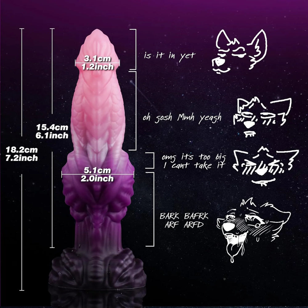 Heavy-textured mythical beast silicone novelty item displaying a vibrant pastel pink tip and deep purple base