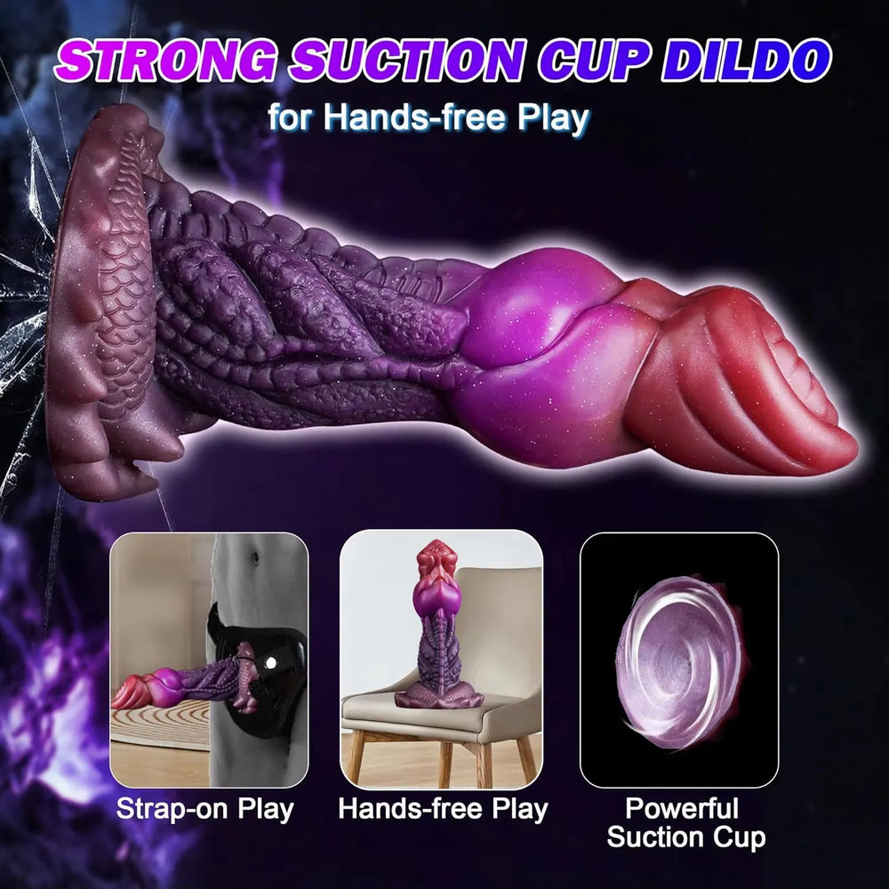Close-up of a dual-tone purple and red alien-inspired fantasy dildo showing detailed biological textures