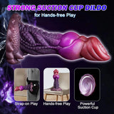 Close-up of a dual-tone purple and red alien-inspired fantasy dildo showing detailed biological textures