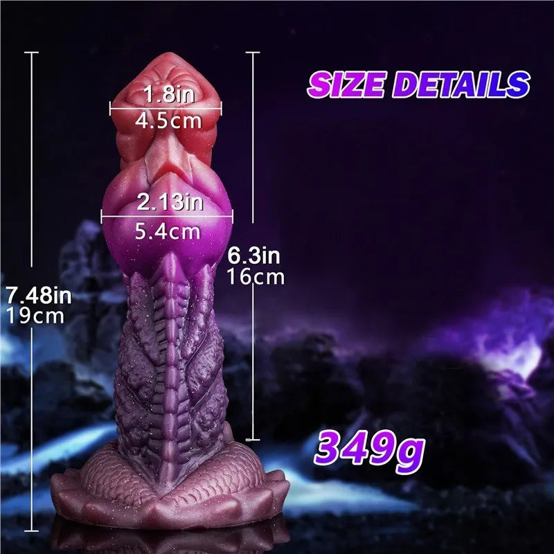 A studio shot of a 7-inch textured creature-style adult toy with a flared, spiked suction cup base