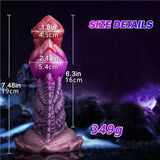 A studio shot of a 7-inch textured creature-style adult toy with a flared, spiked suction cup base