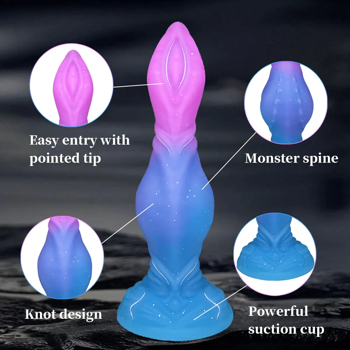 Fantasy aquatic-themed adult toy with a shimmering glitter finish and a unique bulbous midsection