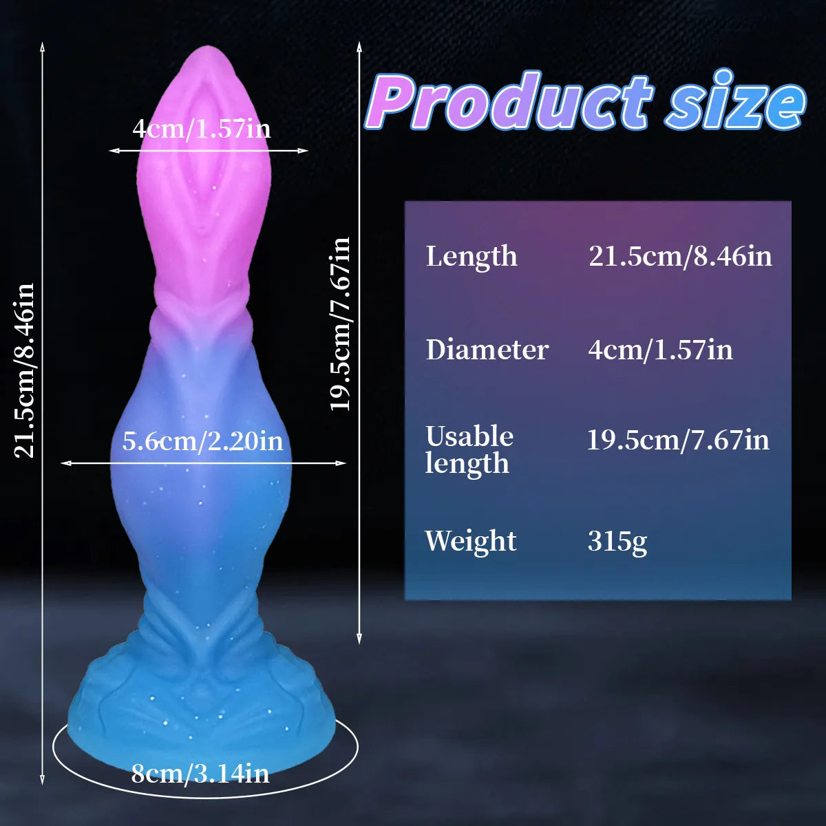 An 8-inch flexible body-safe silicone adult product with a sparkling galaxy-like glitter texture
