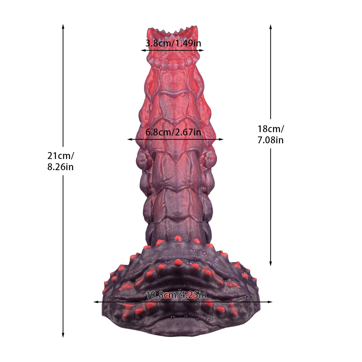 A studio portrait of a marbled fantasy dildo showcasing a flared suction cup base adorned with bright red bumps