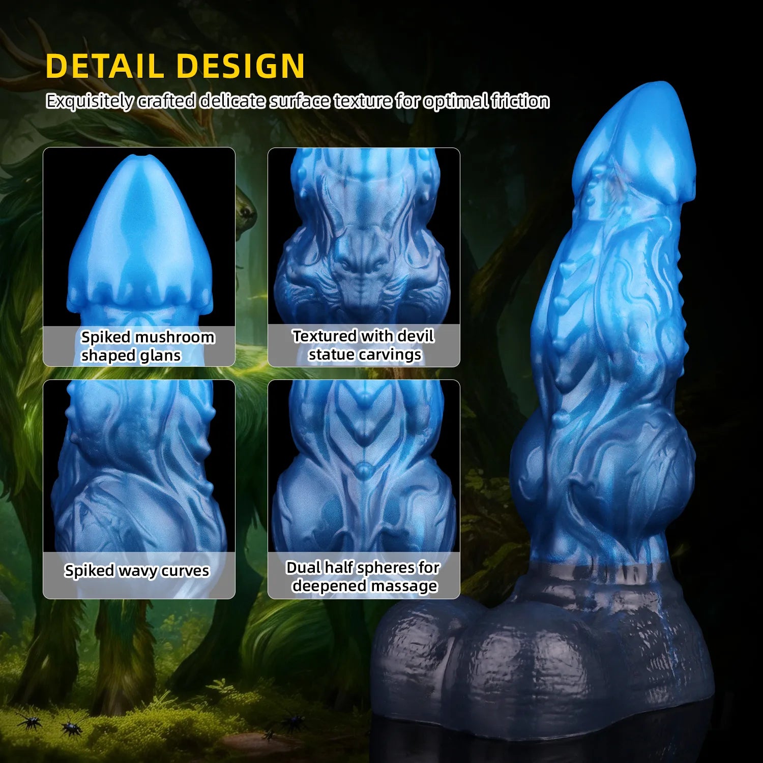 Close-up of an 8-inch dual-firmness aquatic creature phallus showing a glossy sapphire blue finish